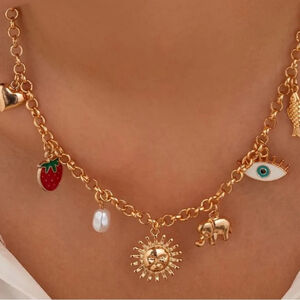 Evil Eye, Sun, Strawberry Gold Tone Charm Necklace NWT